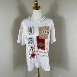 VTG 80s JouJou Patchwork T Shirt Large White Embroidered Cottagecore Distressed